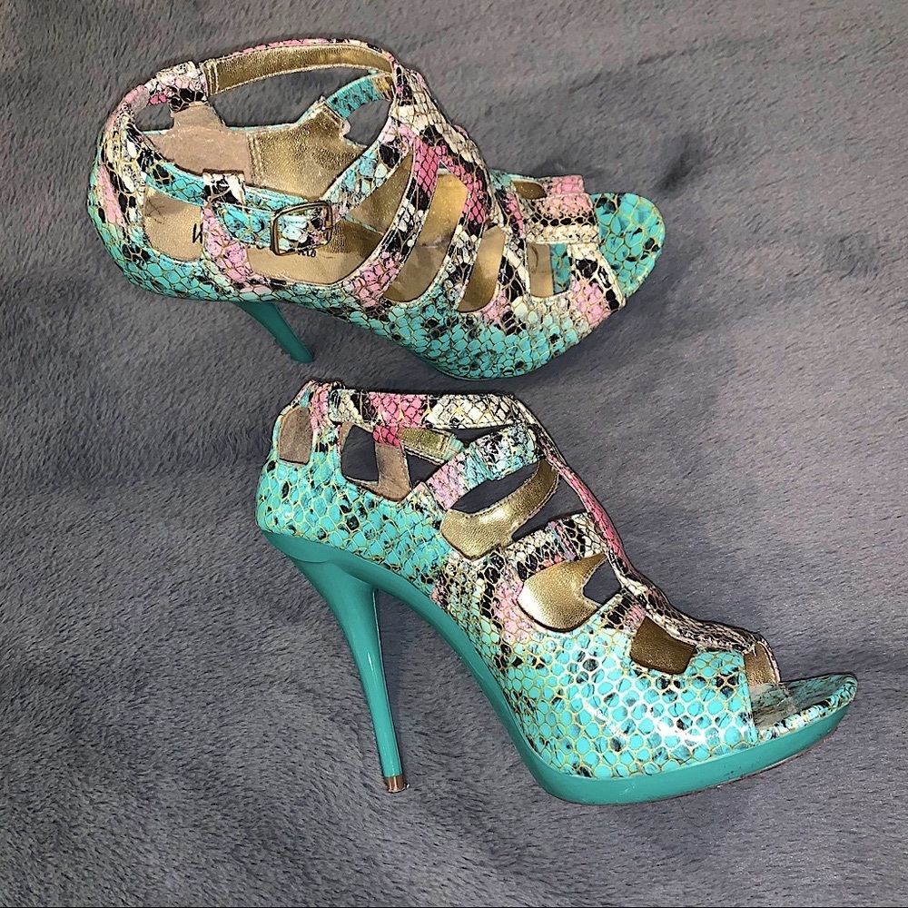 Michael Antonio Snakeskin Heels (Teal/Gold/Pink)